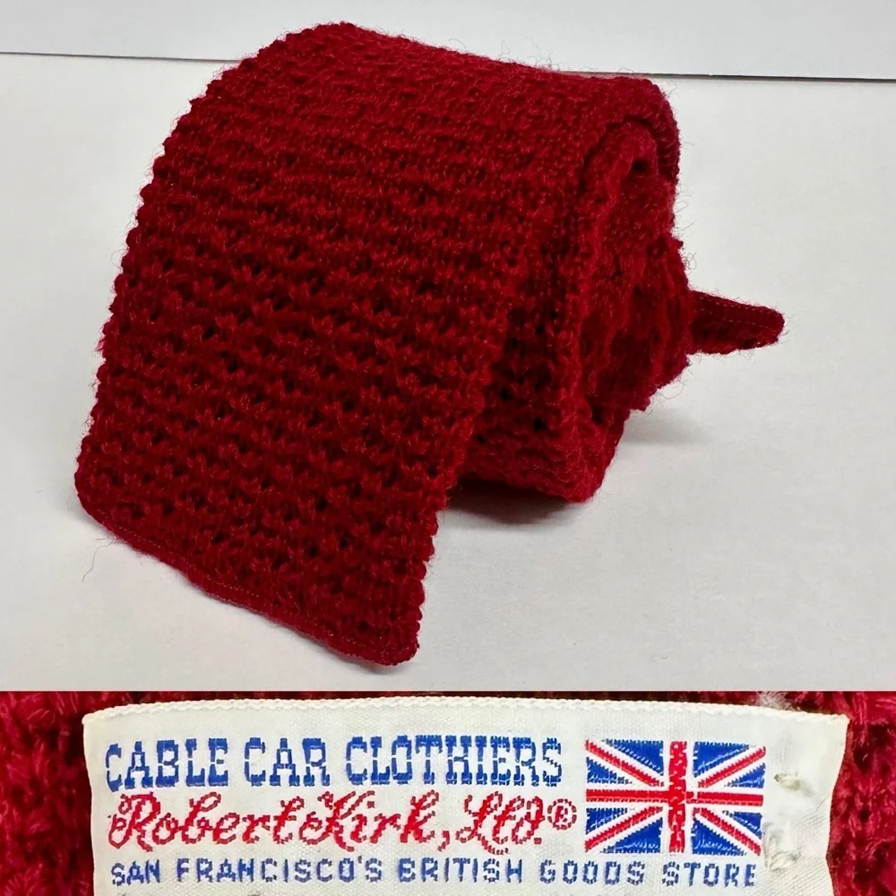 Vintage Wool CABLE CAR CLOTHIER San Francisco Red Knit Blunt-End Knit Tie 3”